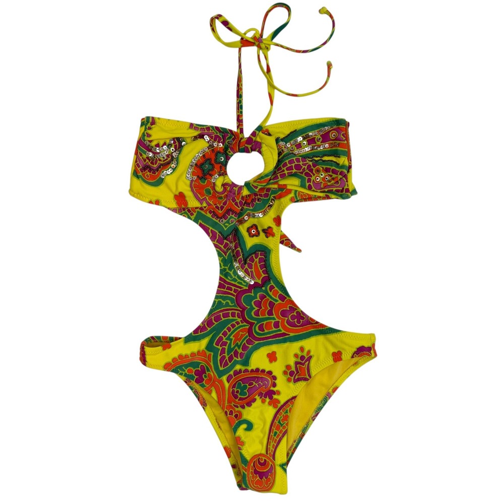 Zingara Swimwear Beaded Cutout Halter One Piece Monokini Paisley Yellow Sequin 4